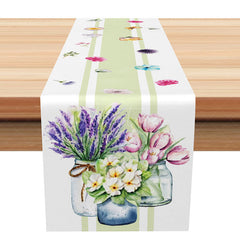 Aperturee - Aperturee Spring Green Stripe Table Runner with a Floral Vase Design Fresh Botanical Decor Modern Farmhouse Kitchen