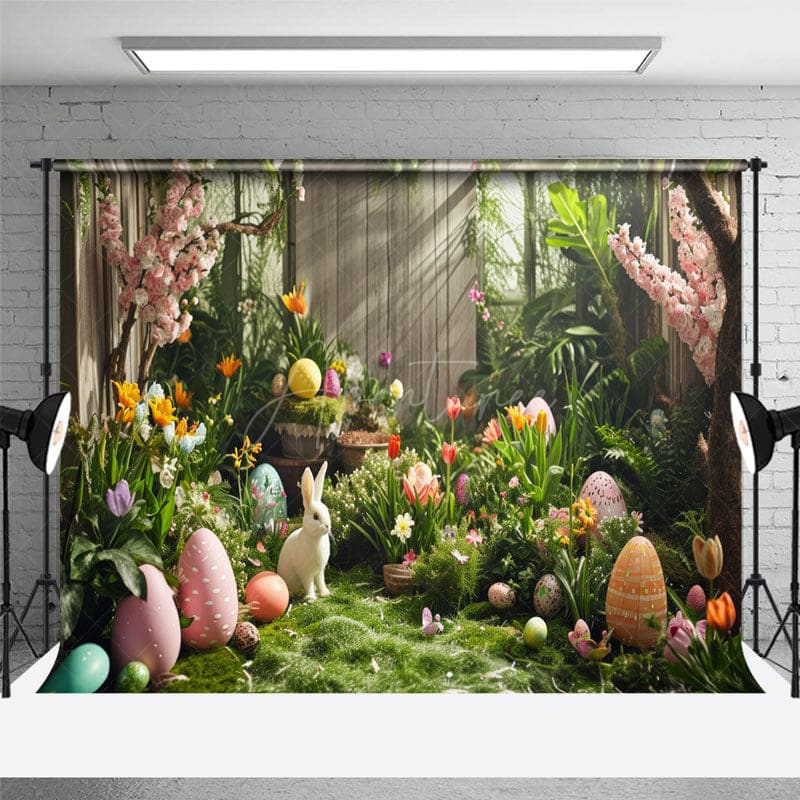 Aperturee - Aperturee Spring Greenery Floral Bunny Easter Room Set Backdrop