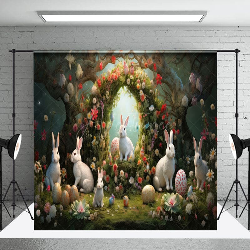 Aperturee - Aperturee Spring Greenery Floral Bunny Easter Room Set Backdrop