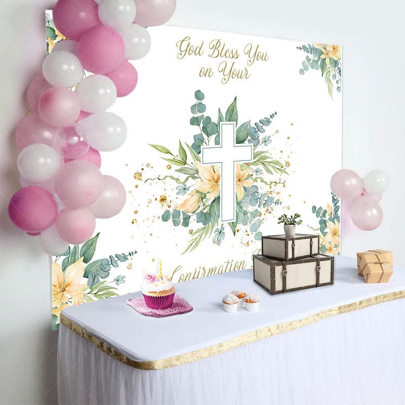 Aperturee - Aperturee Spring Greenery Floral Cross Confirmation Day Backdrop