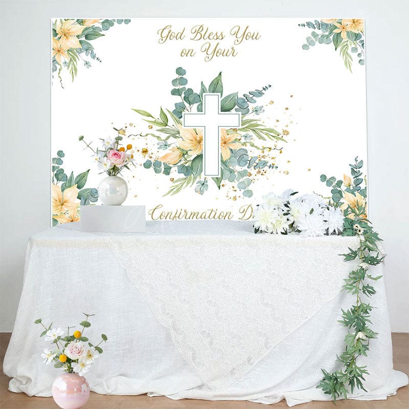 Aperturee - Aperturee Spring Greenery Floral Cross Confirmation Day Backdrop