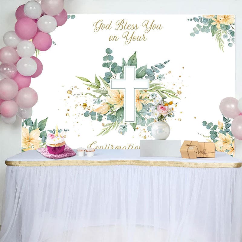 Aperturee - Aperturee Spring Greenery Floral Cross Confirmation Day Backdrop