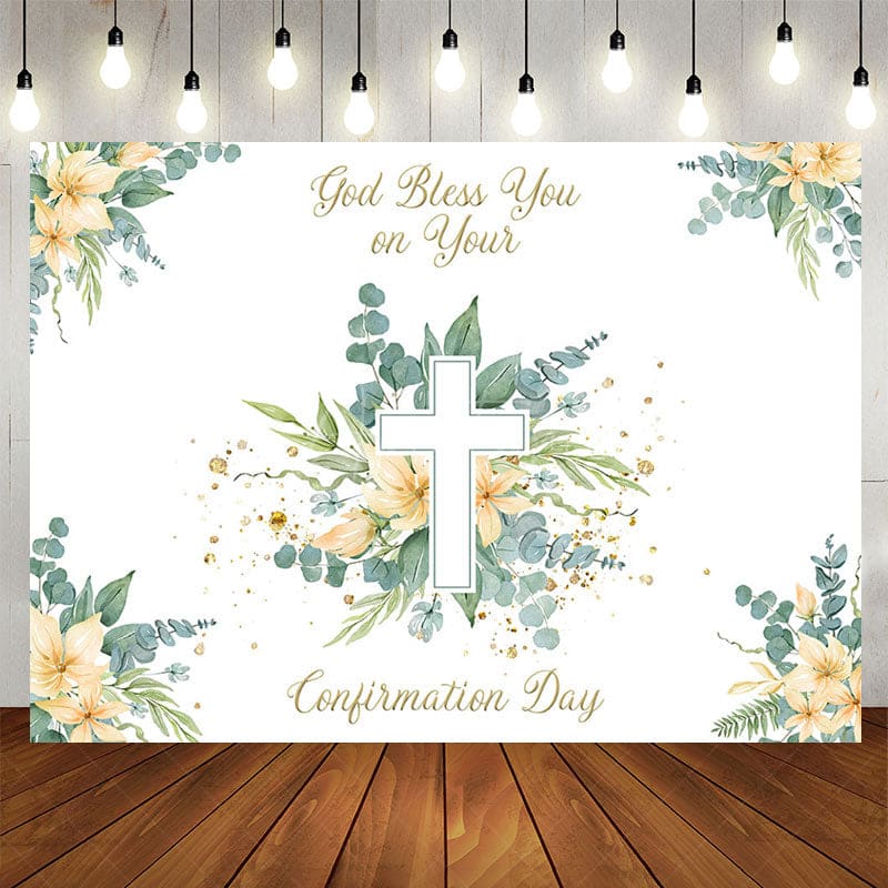 Aperturee - Aperturee Spring Greenery Floral Cross Confirmation Day Backdrop