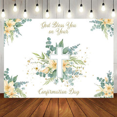 Aperturee - Aperturee Spring Greenery Floral Cross Confirmation Day Backdrop