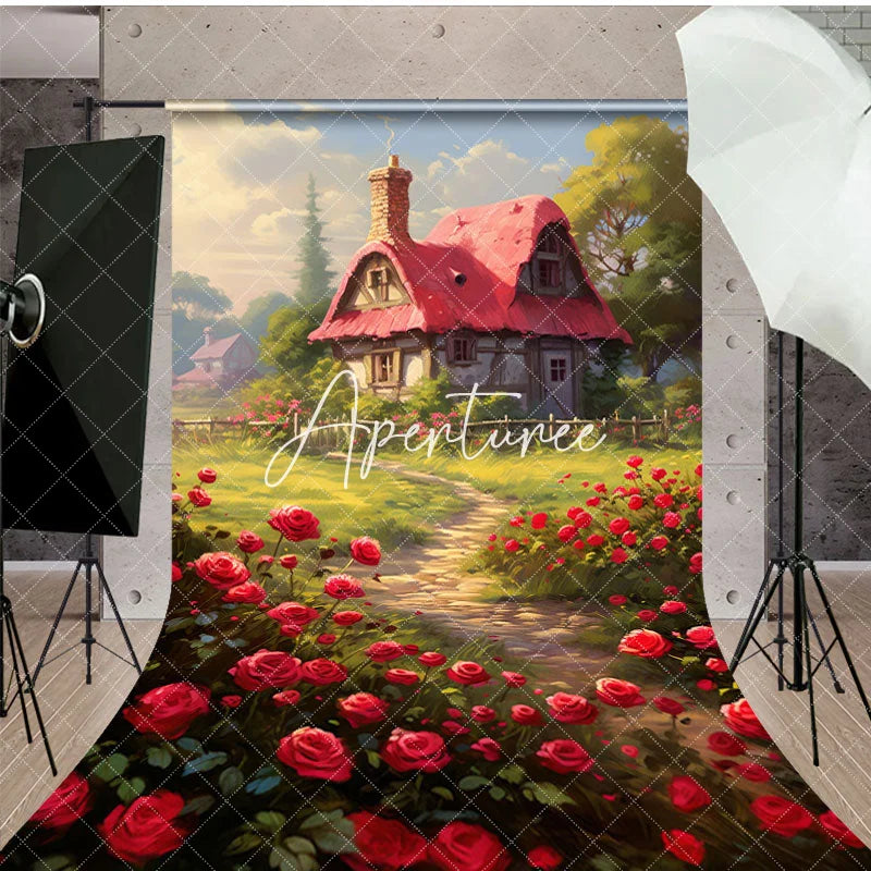Aperturee - Aperturee Spring Greenery Red Rose Cabin Garden Sweep Backdrop