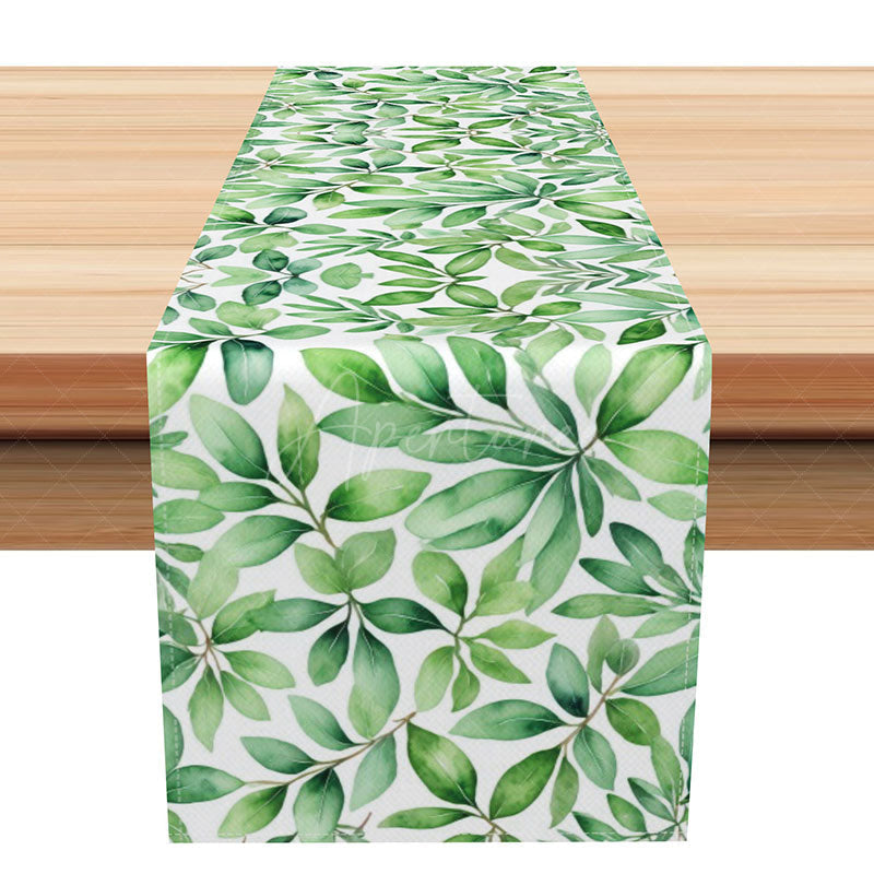 Aperturee - Aperturee Spring Greenery Table Runner with Painted Plant Leaves Watercolor Botanical Decor for Holiday Dining