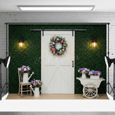 Aperturee Aperturee Spring Greenery Wall Backdrop White Farmhouse Barn Door with Wreath Rustic Garden Themed Photography Prop