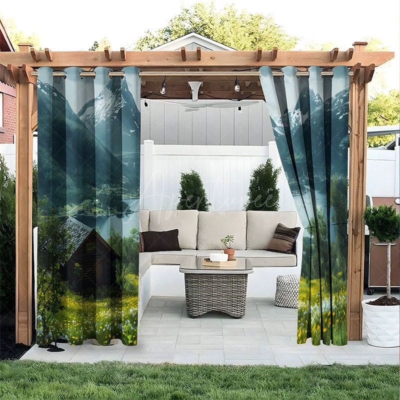 Aperturee - Aperturee Spring Mountain Waterproof Printed Outdoor Curtains
