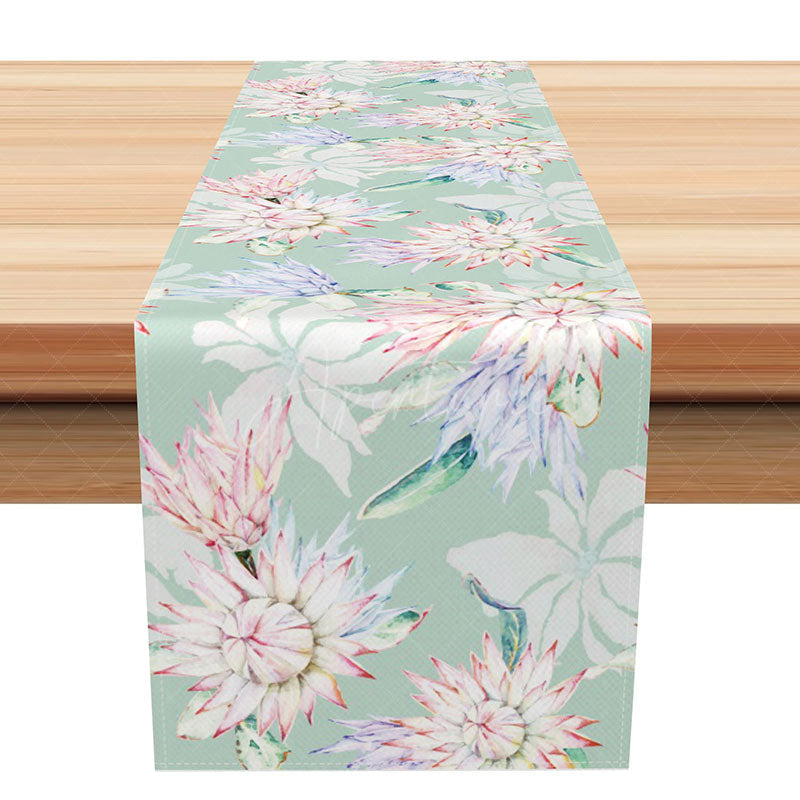 Aperturee - Aperturee Spring Painted Floral Table Runner in Green and Pink for Garden Party and Cheerful Kitchen Table Decor