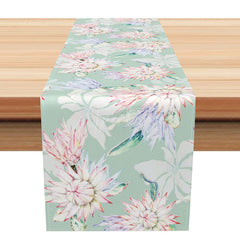 Aperturee - Aperturee Spring Painted Floral Table Runner in Green and Pink for Garden Party and Cheerful Kitchen Table Decor