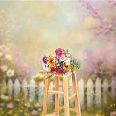 Aperturee - Aperturee Spring Photography Backdrop Cute Yellow Chicks on White Picket Fence Pink Floral Blossoms Kids Portrait Background