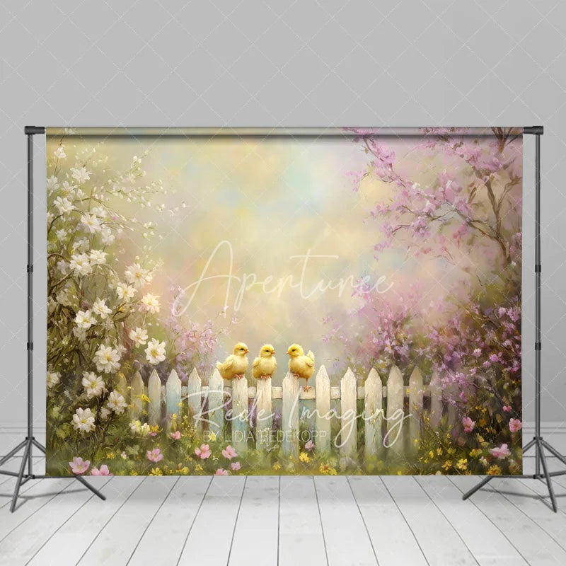 Aperturee - Aperturee Spring Photography Backdrop Cute Yellow Chicks on White Picket Fence Pink Floral Blossoms Kids Portrait Background