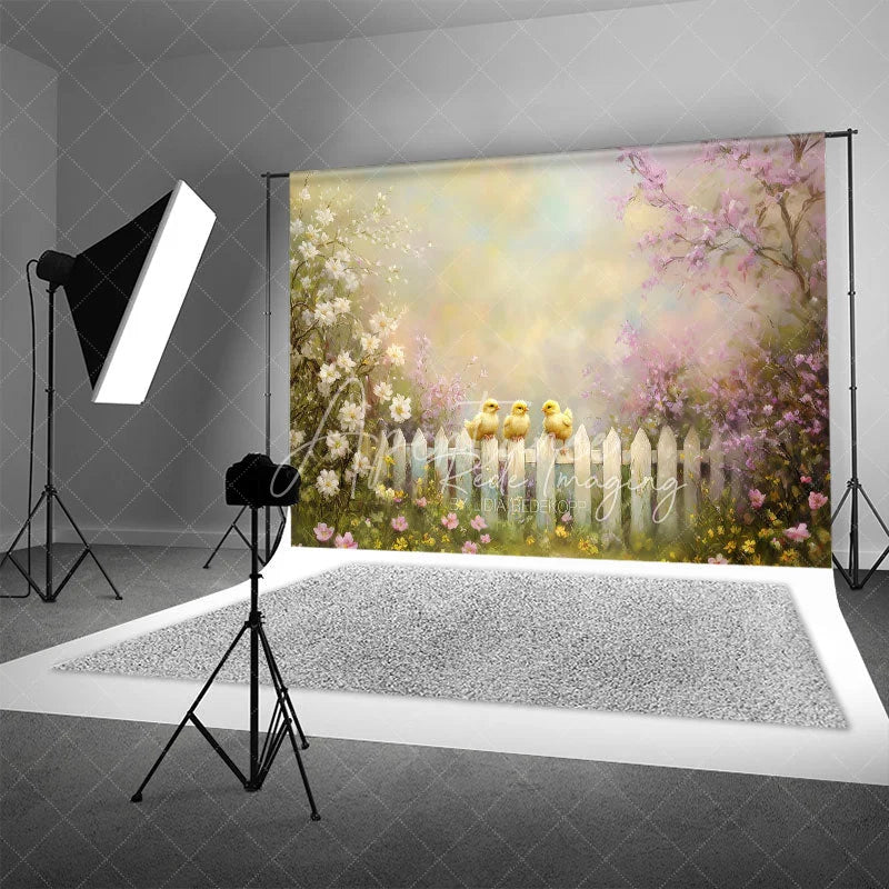 Aperturee - Aperturee Spring Photography Backdrop Cute Yellow Chicks on White Picket Fence Pink Floral Blossoms Kids Portrait Background