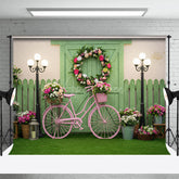 Aperturee - Aperturee Spring Pink Bike Wooden Green Door Photo Backdrop