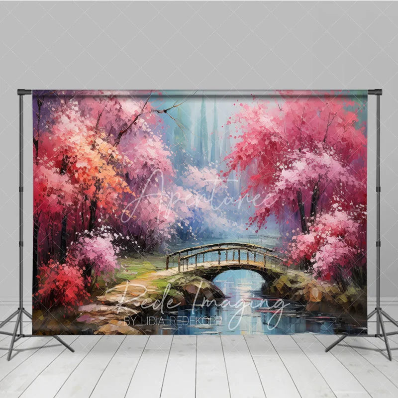 Aperturee - Aperturee Spring Pink Blossom Bridge Fine Art Backdrop Painted River Landscape Studio Background