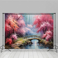 Aperturee - Aperturee Spring Pink Blossom Bridge Fine Art Backdrop Painted River Landscape Studio Background