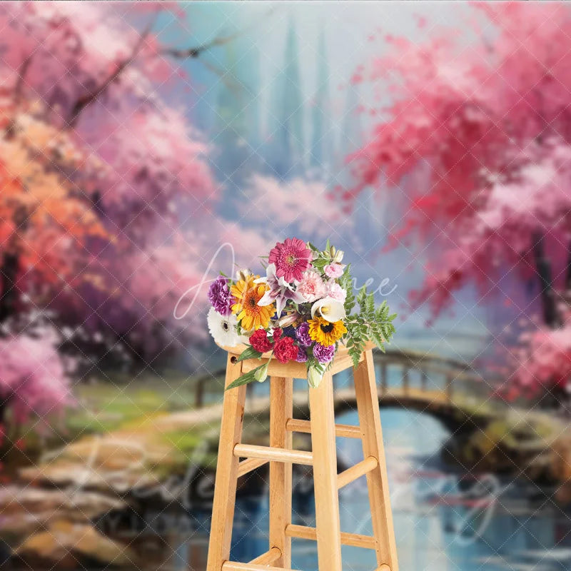 Aperturee - Aperturee Spring Pink Blossom Bridge Fine Art Backdrop Painted River Landscape Studio Background