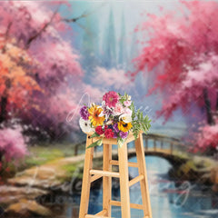 Aperturee - Aperturee Spring Pink Blossom Bridge Fine Art Backdrop Painted River Landscape Studio Background