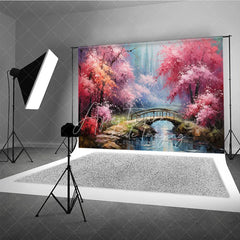 Aperturee - Aperturee Spring Pink Blossom Bridge Fine Art Backdrop Painted River Landscape Studio Background