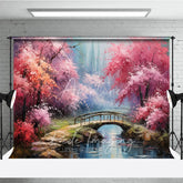 Aperturee - Aperturee Spring Pink Blossom Bridge Fine Art Backdrop Painted River Landscape Studio Background