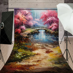 Aperturee - Aperturee Spring Pink Blossom Bridge Fine Art Backdrop Painted River Landscape Sweep Portrait Studio Background