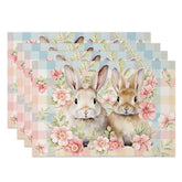 Aperturee - Aperturee Spring Pink Floral Bunny Easter Set Of 4 Placemats