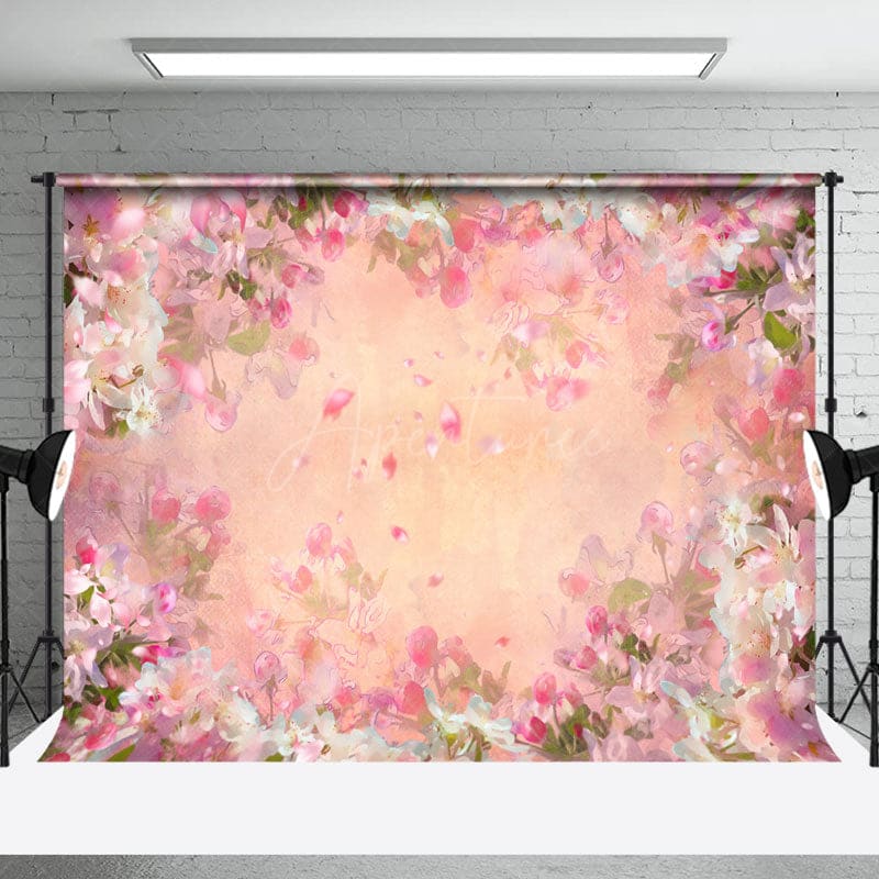 Aperturee - Aperturee Spring Pink Floral Greenery Floor Combo Set Backdrop