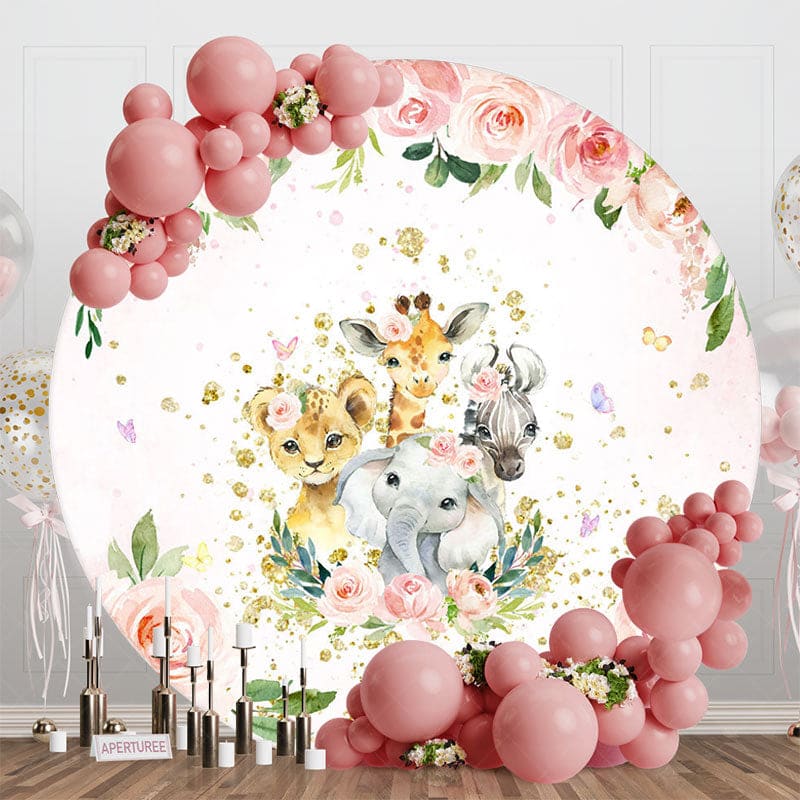 Aperturee - Aperturee Spring Pink Floral Safari Round Baby Shower Backdrop