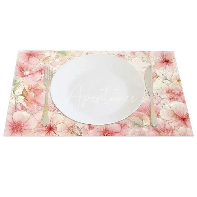 Aperturee - Aperturee Spring Pink Floral Set of 4 Placemats Cute Easter Bunny Blossom Table Mats for Kitchen Dining