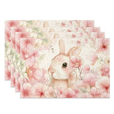 Aperturee - Aperturee Spring Pink Floral Set of 4 Placemats Cute Easter Bunny Blossom Table Mats for Kitchen Dining