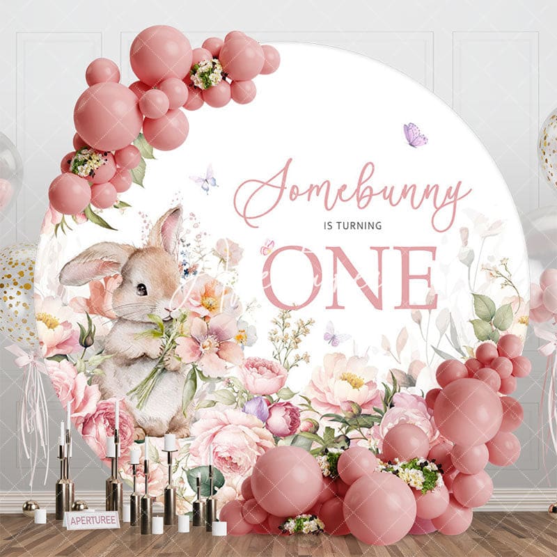 Aperturee - Aperturee Spring Pink Floral Somebunny Is One Round Backdrop