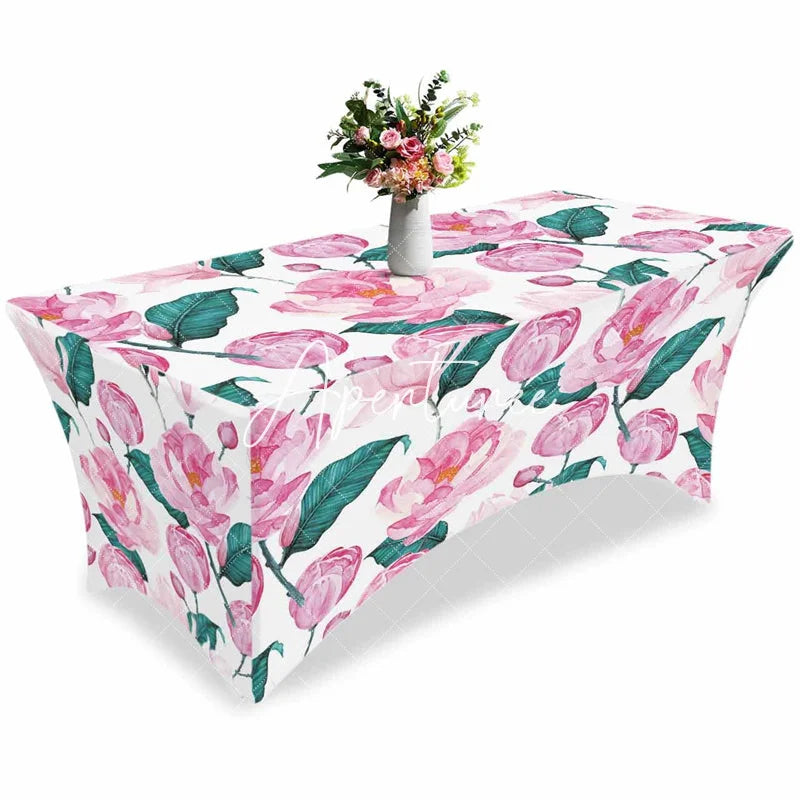 Aperturee - Aperturee Spring Pink Flower Green Leaves Stretch Table Cover
