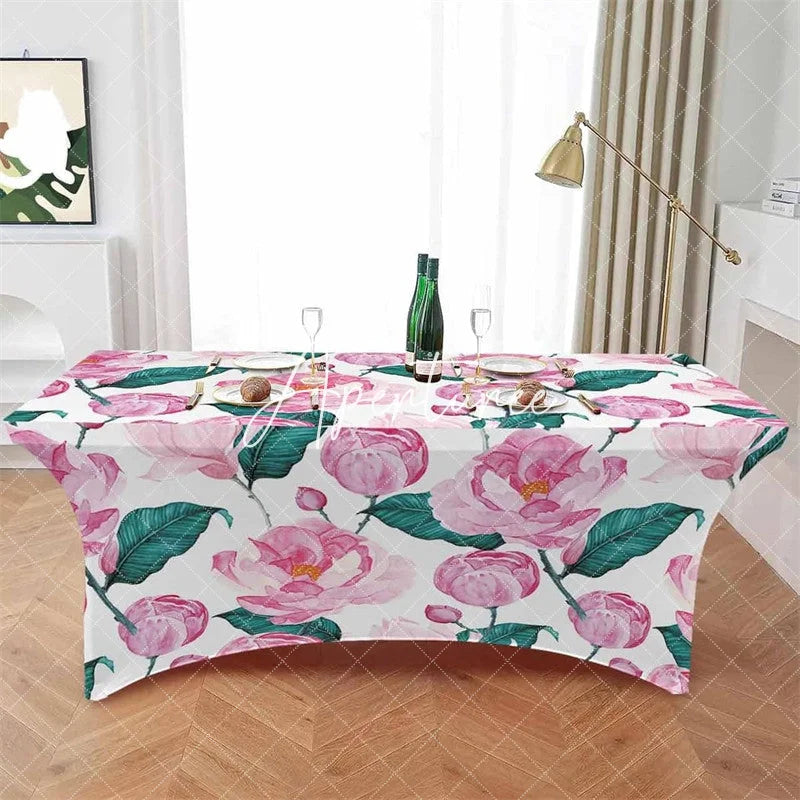 Aperturee - Aperturee Spring Pink Flower Green Leaves Stretch Table Cover