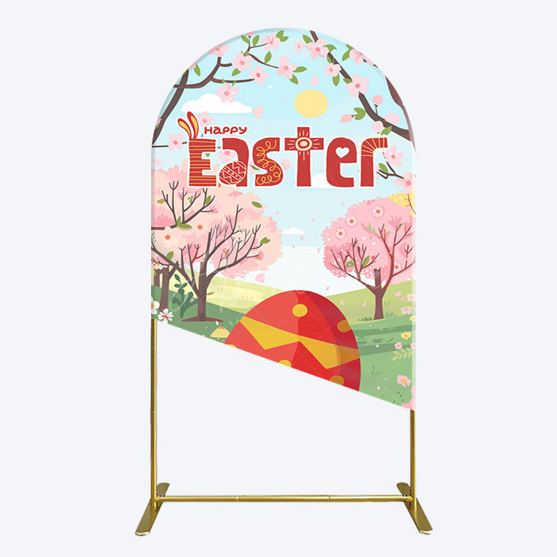 Aperturee - Aperturee Spring Pink Tree Field Happy Easter Arch Backdrop