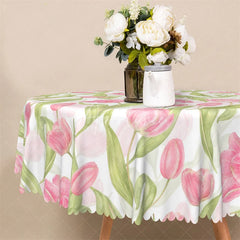 Aperturee - Aperturee Spring Pink Tulip Round Tablecloth Watercolor Floral Flower Garden Table Cover for Easter