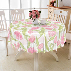 Aperturee - Aperturee Spring Pink Tulip Round Tablecloth Watercolor Floral Flower Garden Table Cover for Easter