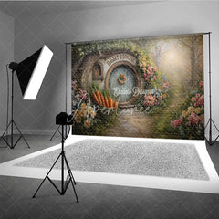 Aperturee - Aperturee Spring Rabbit House Easter Photography Backdrop Garden Flowers and Carrot Basket Studio Background