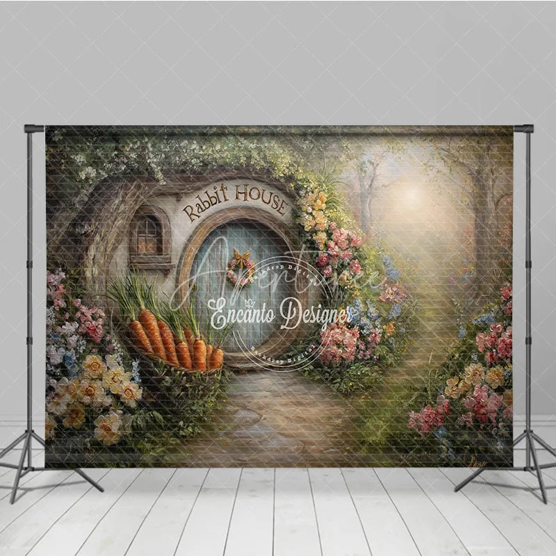 Aperturee - Aperturee Spring Rabbit House Easter Photography Backdrop Garden Flowers and Carrot Basket Studio Background