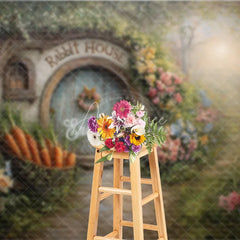 Aperturee - Aperturee Spring Rabbit House Easter Photography Backdrop Garden Flowers and Carrot Basket Studio Background