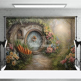 Aperturee - Aperturee Spring Rabbit House Easter Photography Backdrop Garden Flowers and Carrot Basket Studio Background