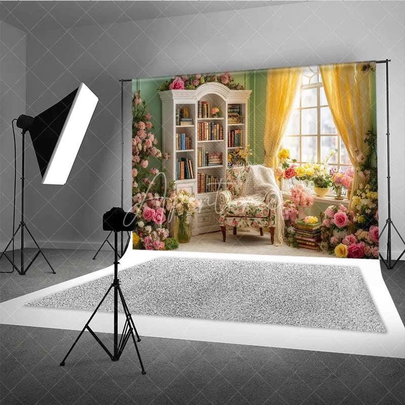 Aperturee - Aperturee Spring Reading Nook Photography Backdrop Vintage Library with Pink and Yellow Roses Romantic Floral Background