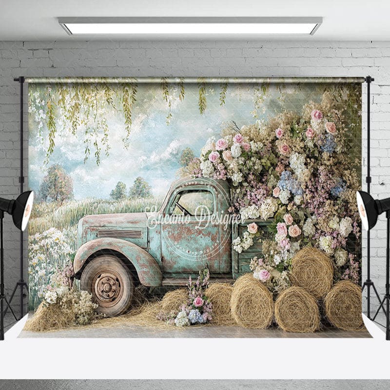 Aperturee - Aperturee Spring Retro Truck Floral Hay Combo Set Backdrop