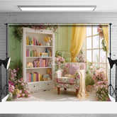 Aperturee - Aperturee Spring Room Interior Backdrop Floral Armchair Bookcase Background Sage Green Wall Photography Studio Props