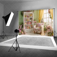 Aperturee - Aperturee Spring Room Interior Backdrop Floral Armchair Bookcase Background Sage Green Wall Photography Studio Props
