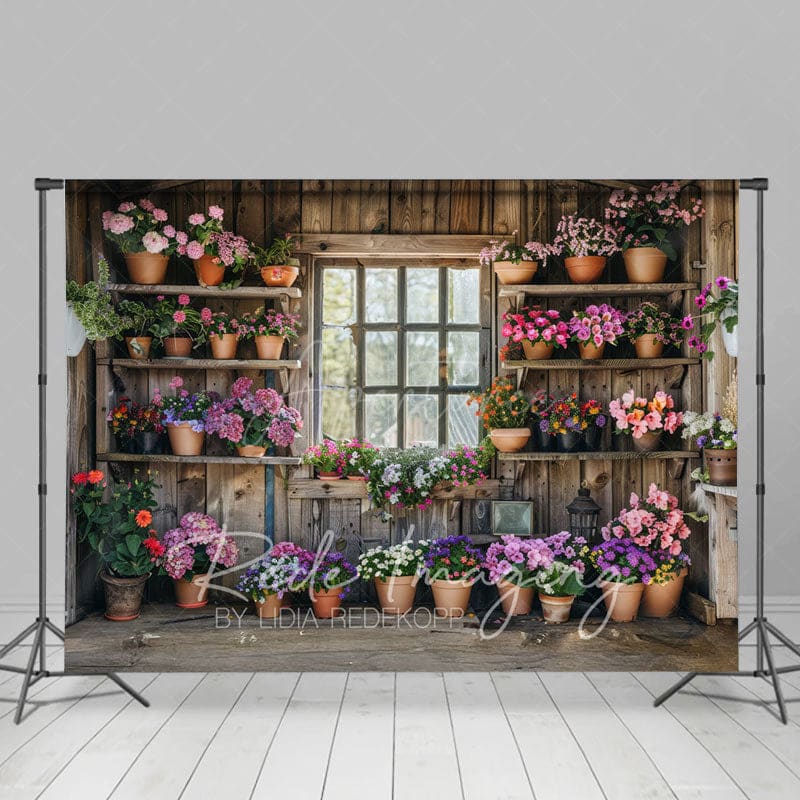 Aperturee - Aperturee Spring Rural Wooden Flower Shack Photography Backdrop