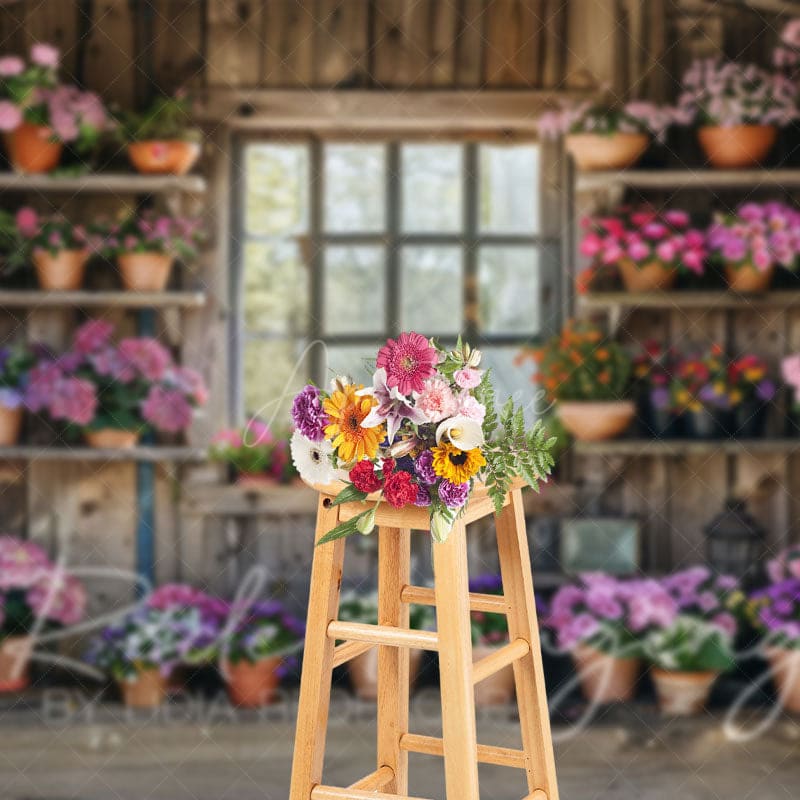 Aperturee - Aperturee Spring Rural Wooden Flower Shack Photography Backdrop