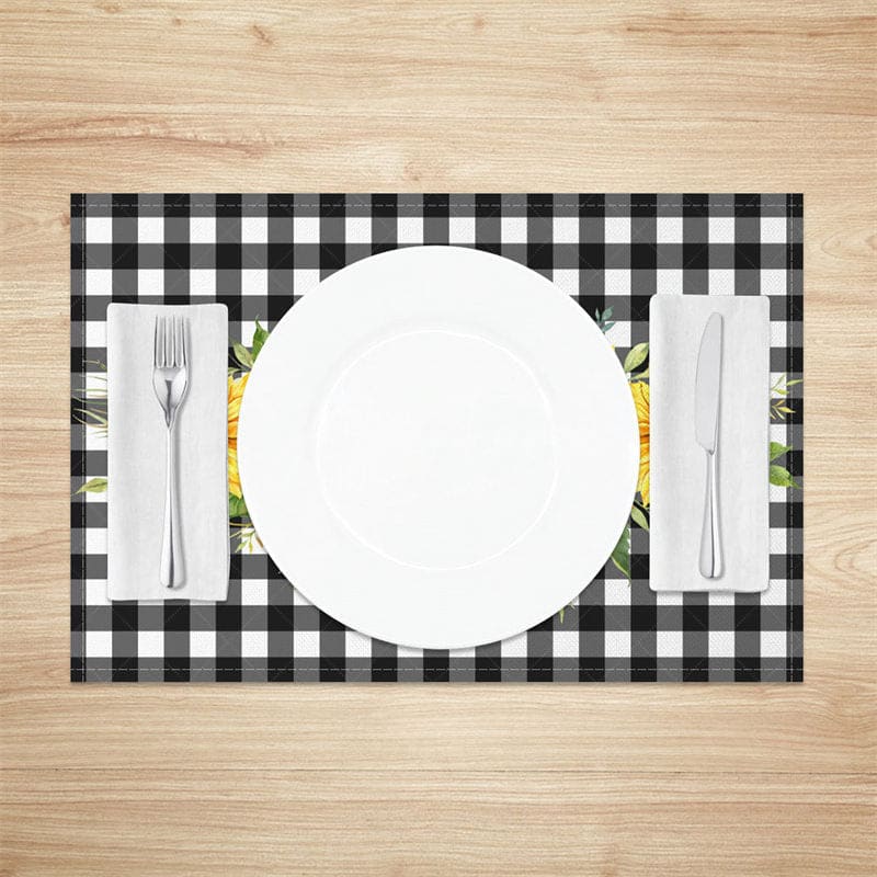 Aperturee - Aperturee Spring Sunflower Black White Plaid Set Of 4 Placemats