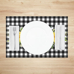 Aperturee - Aperturee Spring Sunflower Black White Plaid Set Of 4 Placemats