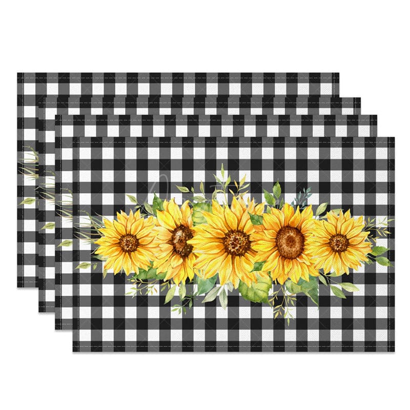 Aperturee - Aperturee Spring Sunflower Black White Plaid Set Of 4 Placemats