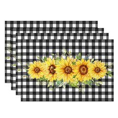 Aperturee - Aperturee Spring Sunflower Black White Plaid Set Of 4 Placemats